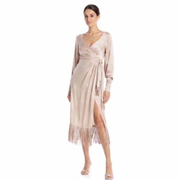 NWT Cinq A Sept Page Fringe Trim Silk Midi Wrap Dress